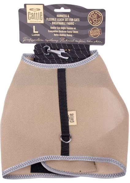 Havalı Dokuma Kedi Göğüs & Gezdirme Takımı Bej Large 1.5 x 30-40 cm