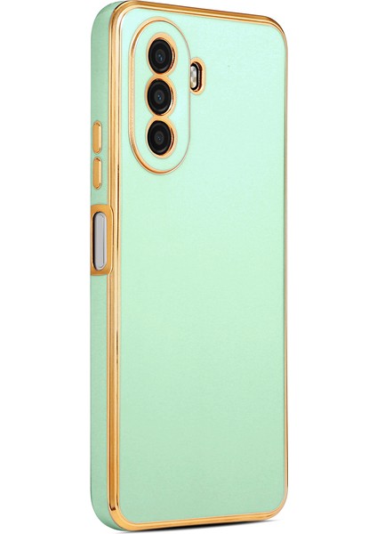 Huawei Nova Y70 Kılıf Kenarları Gold Yüzeyi Pastel Renk Kamera Korumalı Kapak Açık Yeşil