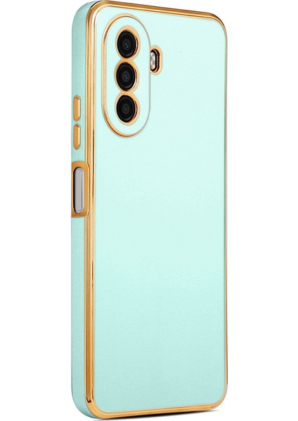 Huawei Nova Y70 Kılıf Kenarları Gold Yüzeyi Pastel Renk Kamera Korumalı Kapak Açık Mavi