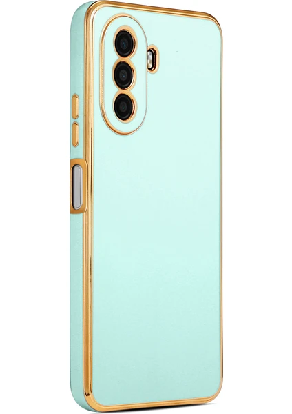 Huawei Nova Y70 Kılıf Kenarları Gold Yüzeyi Pastel Renk Kamera Korumalı Kapak Açık Mavi