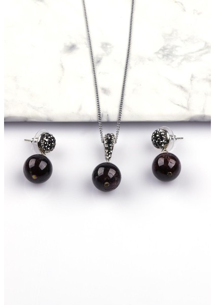Garnet - Lal Doğal Taş Kolye - Küpe 2'li Set