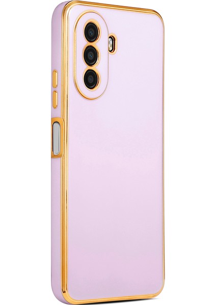 Huawei Nova Y70 Kılıf Kenarları Gold Yüzeyi Pastel Renk Kamera Korumalı Kapak Lila