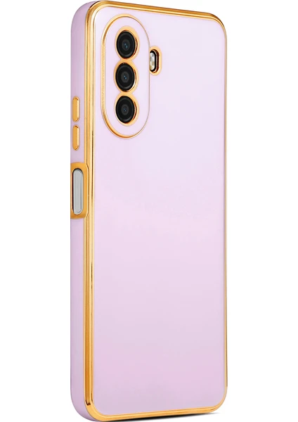 Huawei Nova Y70 Kılıf Kenarları Gold Yüzeyi Pastel Renk Kamera Korumalı Kapak Lila