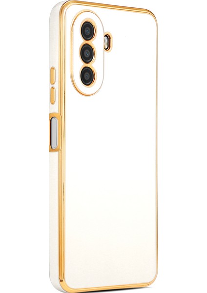 Huawei Nova Y70 Kılıf Kenarları Gold Yüzeyi Pastel Renk Kamera Korumalı Kapak Beyaz