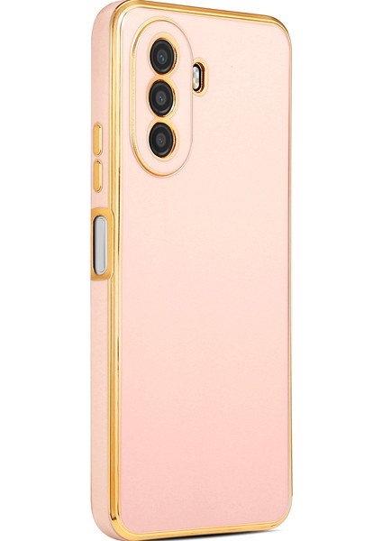 Huawei Nova Y70 Kılıf Kenarları Gold Yüzeyi Pastel Renk Kamera Korumalı Kapak Rose Gold