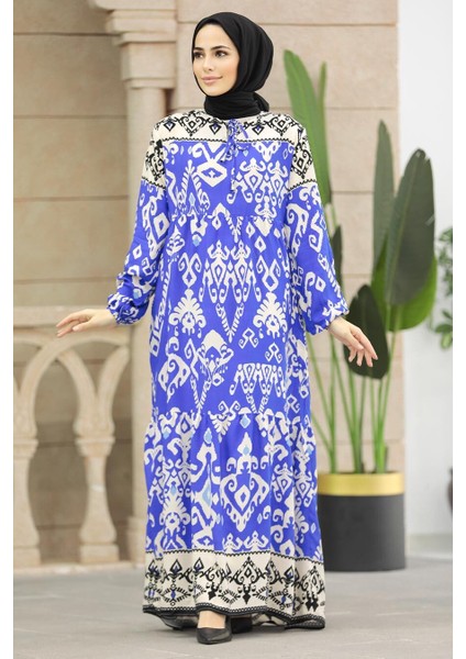 - Desenli Sax Mavisi Tesettür Elbise 17510SX