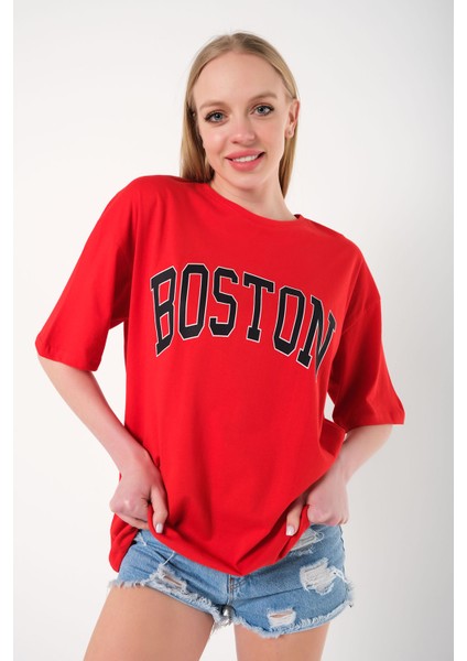 Kadın Boston Baskılı Oversize T-Shirt