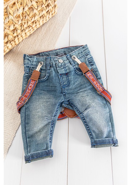 Denim Kumaş Askılı Erkek Bebek Kot Pantolon