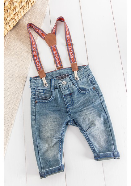 Denim Kumaş Askılı Erkek Bebek Kot Pantolon