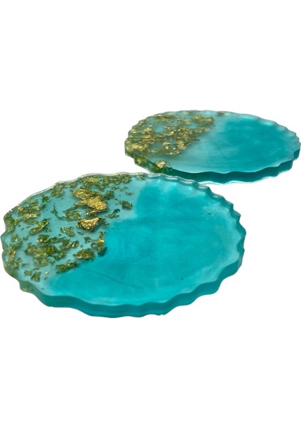 Altın Varaklı Açık Mavi Epoksi Bardak Altılığı 11 cm 2'li Set