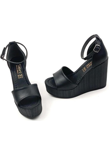 Kadın Verla Siyah Tek Bant Yüksek Dolgu Taban Ayakkabı modelleri