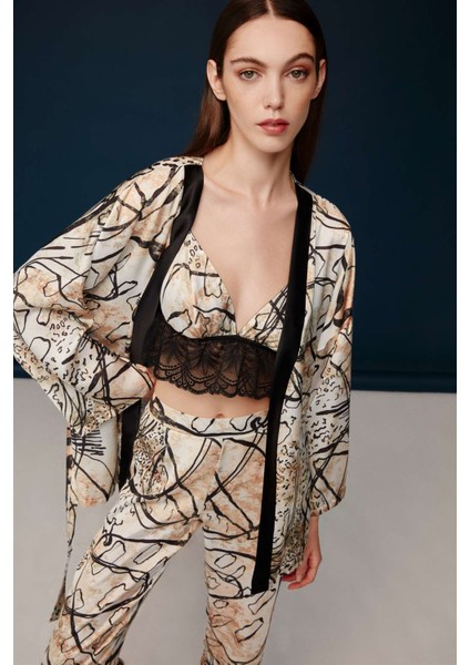 - Kadın Baskılı Kahverengi Saten 3 Lü Bralet-Sabahlık Pijama Takım