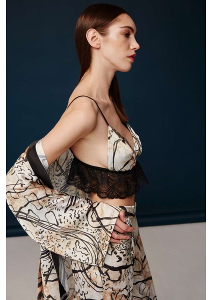 - Kadın Baskılı Kahverengi Saten 3 Lü Bralet-Sabahlık Pijama Takım
