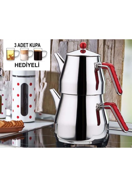 Dev Çaydanlık Takımı 3 Adet Cam Kupa Hediyeli