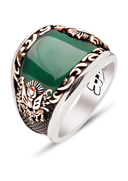 ​gümüş Özel Kesim Yeşil Akik Kenarı Işlemeli Osmanlı Devlet Armalı Erkek Yüzük