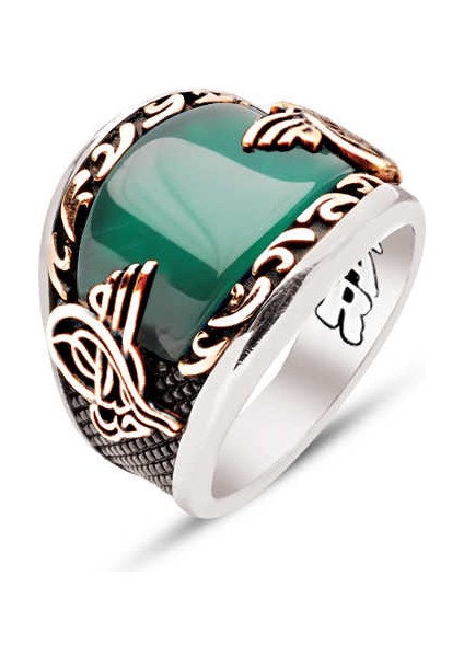 ​gümüş Özel Kesim Yeşil Akik Kenarları Işlemeli Osmanlı Tuğralı Erkek Yüzük