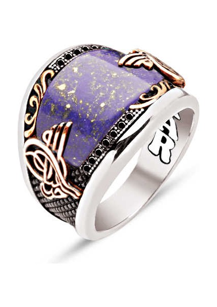 ​gümüş Özel Kesim Sıkma Lapis Kenarları Motif ve Siyah Zirkon Işlemeli Osmanlı Tuğralı Erkek Yüzük