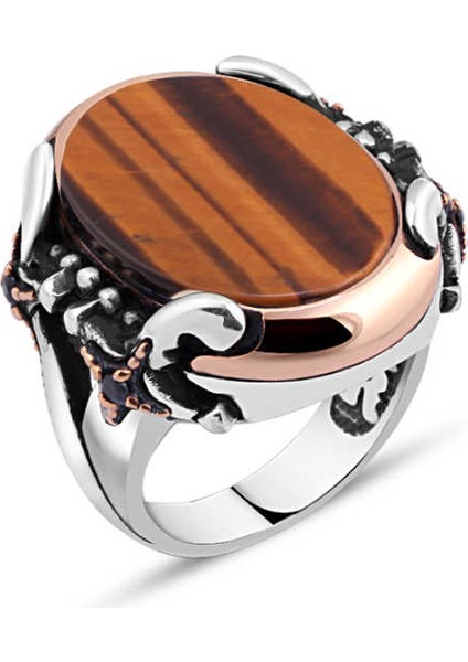 Düz Kaplan Gözü Taşlı Kenarları Kılıçlı Erkek Yüzük