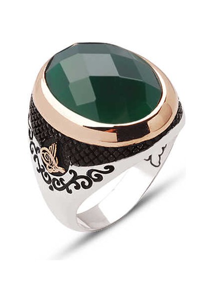 ​gümüş Fasetli Yeşil Akik Taşlı Kenarları Osmanlı Tuğralı Yüzük