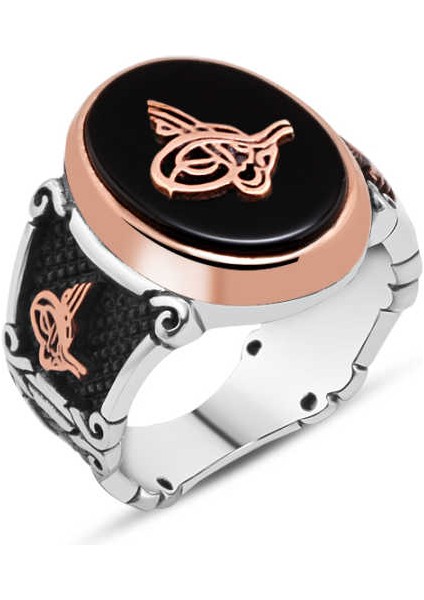 Düz Oniks Taş Üzeri Tuğralı Erkek Yüzük