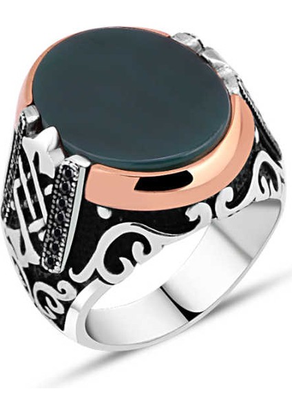 Düz Yeşil Akik Taş Kenarı Minik Siyah Zirkon Taşlı Erkek Yüzük