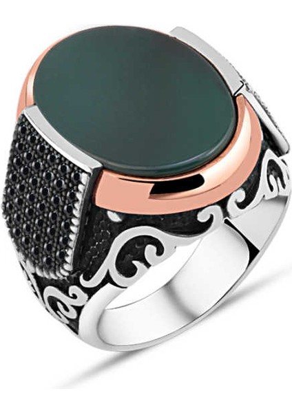 Düz Yeşil Akik Taş Kenarları Minik Siyah Zirkon Taşlı Erkek Yüzük