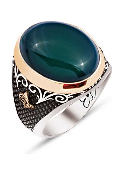 ​​​gümüş Özel Kesim Kapşon Yeşil Oniks Taş Kenarları Osmanlı Tuğralı Işlemeli Yüzük