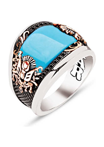 ​gümüş Özel Kesim Sıkma Turkuaz Kenarları Siyah Zirkon ve Motiflerle Işlemeli Osmanlı Devlet Armalı Erkek Yüzük