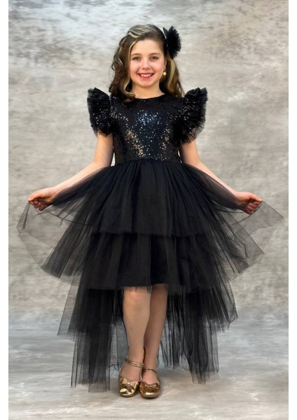 Tütülü Kuyruklu Pul Payet Kız Çocuk Elbisesi