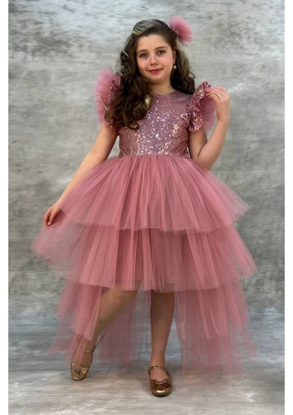 Tütülü Kuyruklu Pul Payet Kız Çocuk Elbisesi