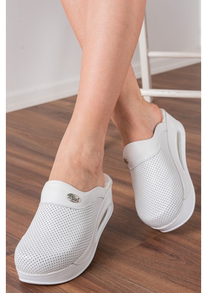 Beyaz Hakiki Deri Kadın Airmax Taban Tam Ortopedik Anatomik Hastene - Doktor - Hemşire - Aşçı Sabo Terlik