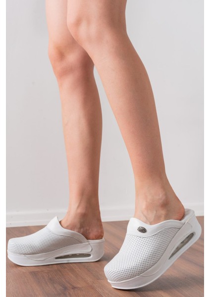 Beyaz Hakiki Deri Kadın Airmax Taban Tam Ortopedik Anatomik Hastene - Doktor - Hemşire - Aşçı Sabo Terlik fiyatları