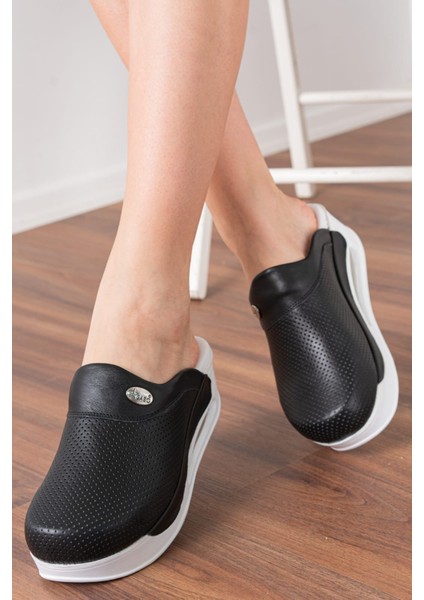 Siyah Hakiki Deri Kadın Airmax Taban Tam Ortopedik Anatomik Hastene, Hemşire Sabo Terlik