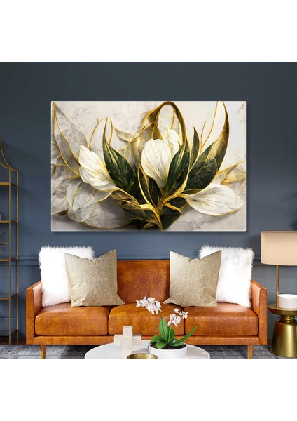 Beyaz Mermer Gold Detaylı Beyaz ve Yeşil Yapraklı Çiçek Dekoratif Kanvas Tablo