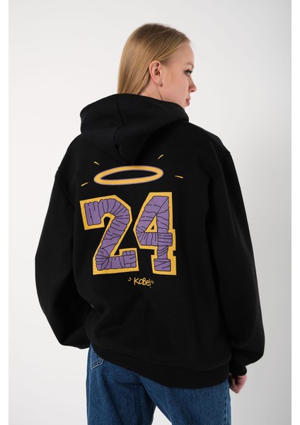 Unisex Siyah Oversize 24 Baskılı Kapşonlu Sweatshirt