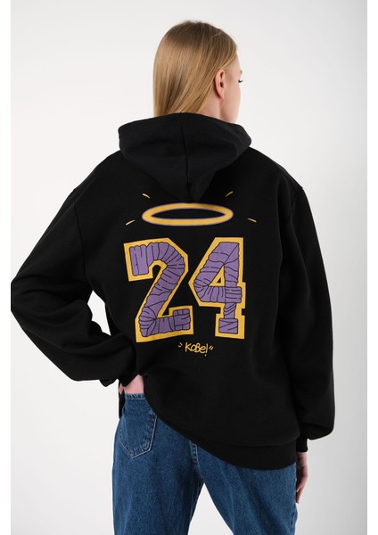 Unisex Siyah Oversize 24 Baskılı Kapşonlu Sweatshirt modelleri