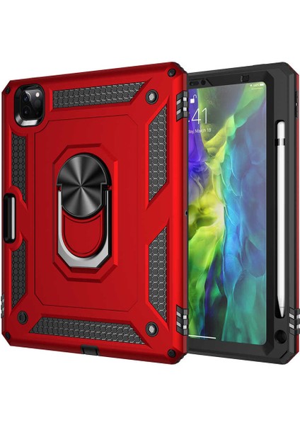 Case 4U Apple iPad Pro 2022 M2 / iPad Pro 2021 (3.Nesil) / iPad Pro 2020 (2.Nesil) / iPad Pro 2018 Tablet Kılıf Yüzüklü Stand Olabilen Sert Silikon Vega Kapak - 11 inç uyumlu Kırmızı