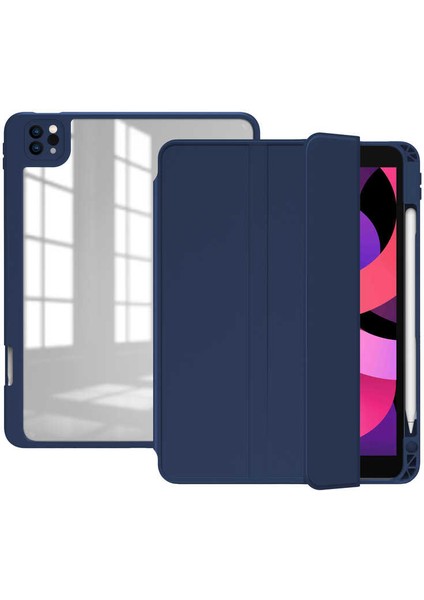 Case 4U Apple iPad Pro 2022 M2 / iPad Pro 2021 (3.Nesil) / iPad Pro 2020 (2.Nesil) Tablet Kılıf Manyetik Nort Arkası Şeffaf Standlı - 11 inç uyumlu Lacivert