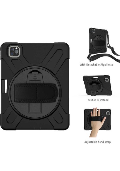 Case 4U Apple iPad Pro 2020 (2.Nesil) Çift Katmanlı Tank Defender Stand Olabilen Askılı Tablet Kılıfı - 11 inç uyumlu Siyah