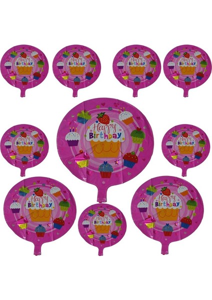 Happy Birthday Cupcake Temalı Parti Balonu Pembe Renk 10 Adet 45 cm