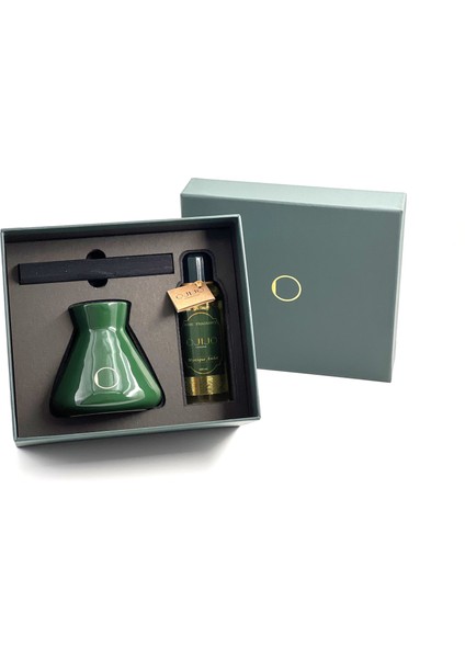 Ojijo London Çubuklu Oda Kokusu 200 ml Mystique Amber Oda Parfümü Yeşil Seramik Pot Kalın Çubuk Set