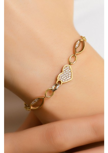 Taşlı Kalp Detaylı Modern Tarz Bileklik 14 Ayar A017913