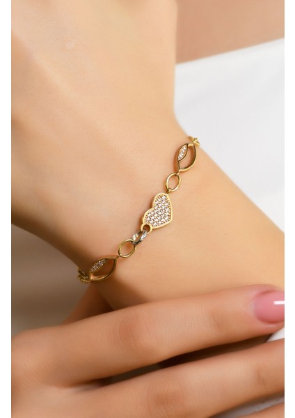 Taşlı Kalp Detaylı Modern Tarz Bileklik 14 Ayar A017913 fiyatları