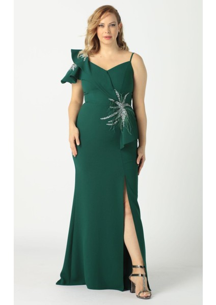 21927 Yeşil Omuzu Iki Katlı Beli Taş Işlemeli Kadın Büyük Beden Abiye Elbise