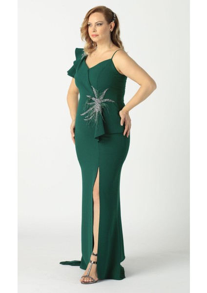 21927 Yeşil Omuzu Iki Katlı Beli Taş Işlemeli Kadın Büyük Beden Abiye Elbise fiyatları