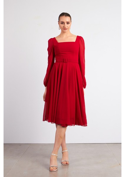 Kırmızı Kare Yaka Şifon Abiye Elbise