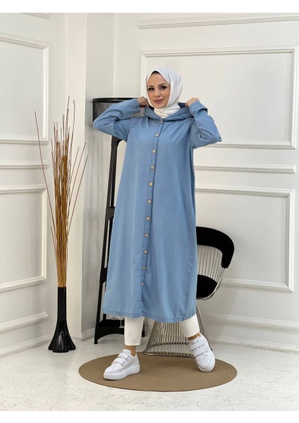 Denim Kapşonlu Kap- Denin Pardesü- Mavi modelleri