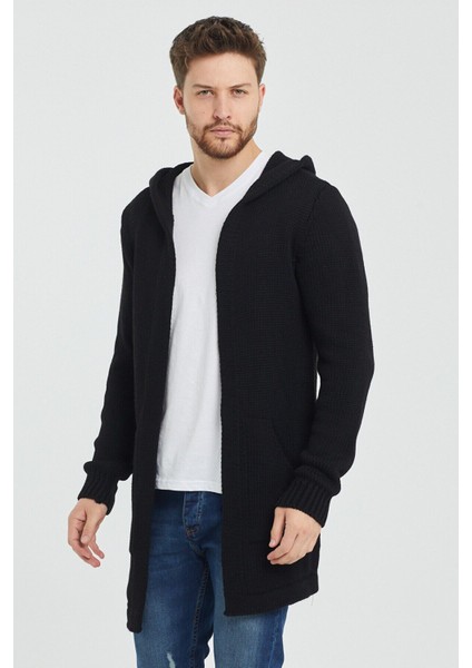 Erkek Siyah Kapüşonlu Cepli Panço Triko Hırka