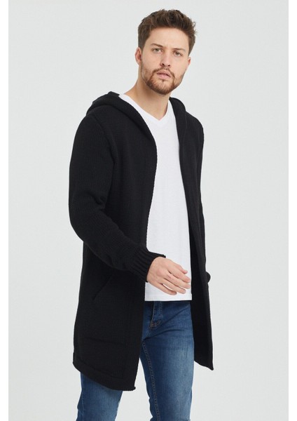 Erkek Siyah Kapüşonlu Cepli Panço Triko Hırka fiyatları