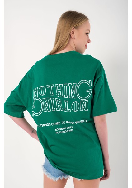 Kadın Ters Düz Nothing Baskılı Oversize T-Shirt